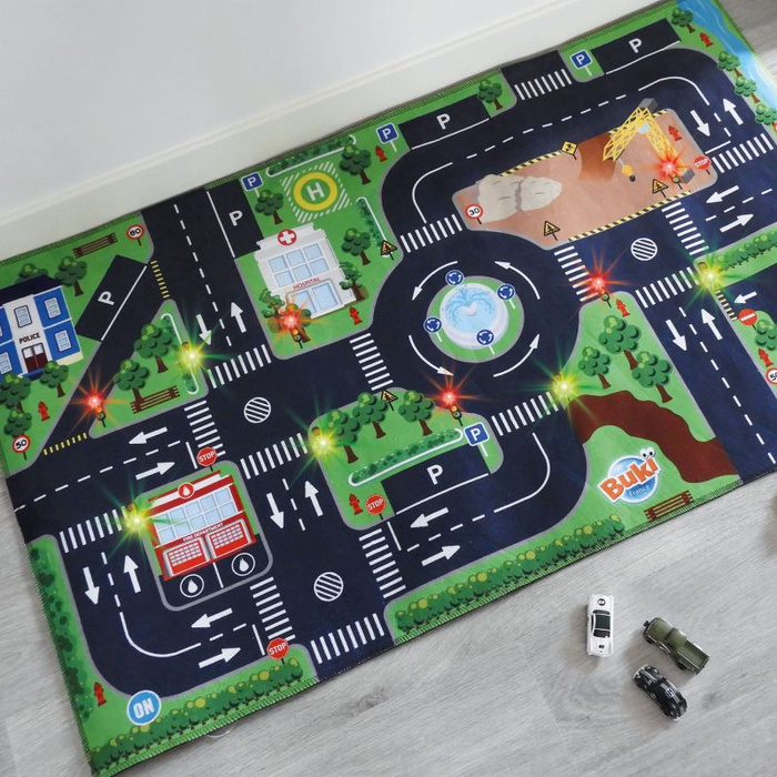 Mata animacyjna Droga 72 x 120 cm i 3 samochodziki Sygnalizacja świetlna Buki 5702 maty edukacyjne