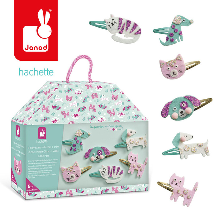 Zestaw kreatywny do tworzenia biżuterii brokatowe spinki do włosów Pieski i kotki Janod J09181