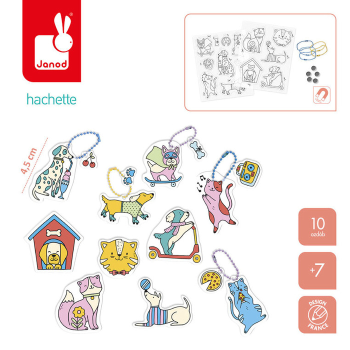 Zestaw kreatywny do tworzenia 10 ozdób z termokurczliwego plastiku Koty i psy Janod J09163