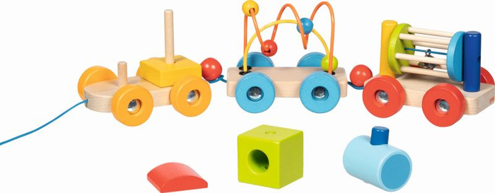 Drewniana zabawka do ciągnięcia Pociąg Rio z klockami labirynt z koralików grzechotka Goki 55847
