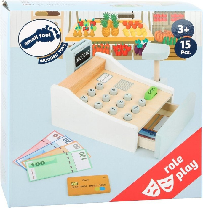 Drewniana kasa dla dzieci Nauka liczenia 11099-Small Foot, zabawa w sklep