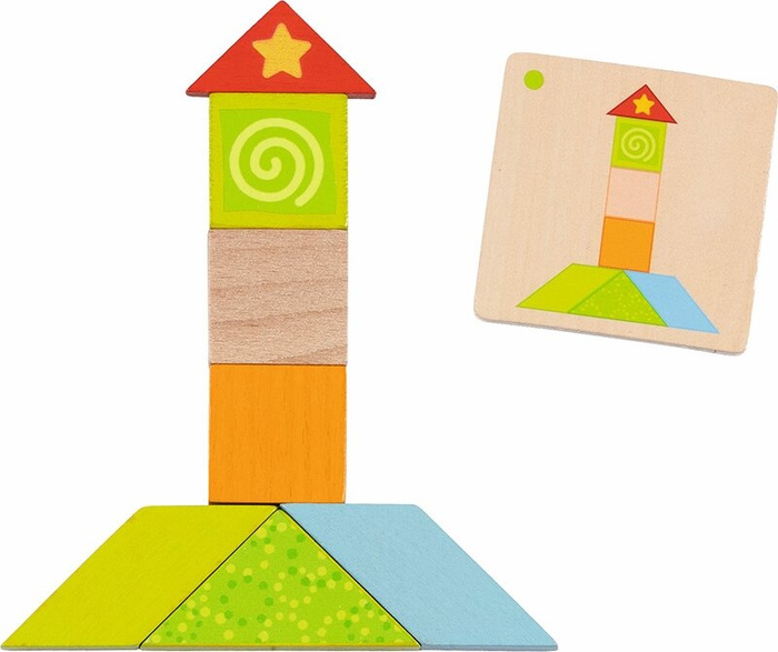 Tangram dla dzieci 37 el. drewniane klocki Kolorowy świat Goki 56316 układanki edukacyjne