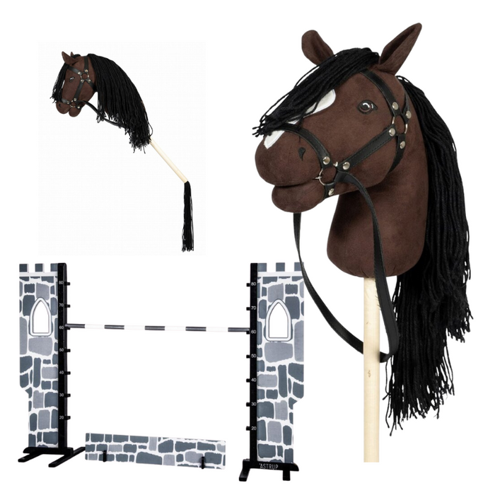 Zestaw dla Hobby Horse Koń na kiju brązowy z otwartą buzią i przeszkoda zamek Astrup 