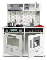 Drewniana kuchnia dla dzieci Biała nowoczesność z dźwiękiem oraz światłem i akcesoriami, zabawa w gotowanie