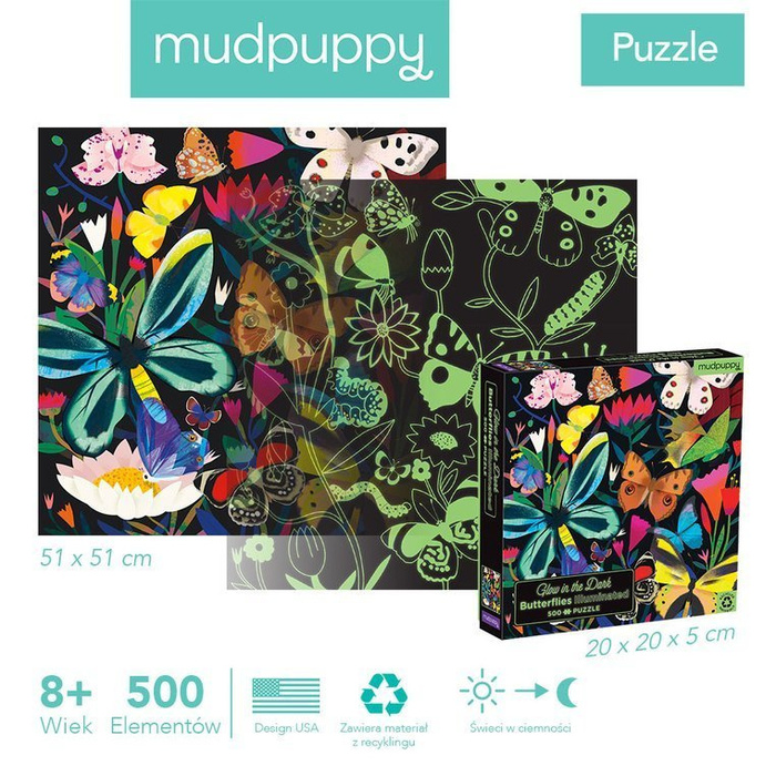 Motyle - świecące w ciemności puzzle 500 el dla całej rodziny MP66640-Mudpuppy, puzzle tekturowe
