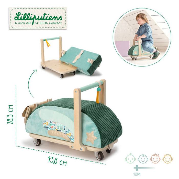 Drewniany jeździk 2 w 1 z miękkim siedziskiem i torebką Smok Joe 12 m+ 83466 LILLIPUTIENS