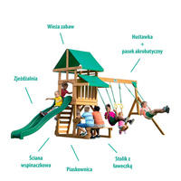 Drewniany Plac zabaw 6w1 Backyard Discovery Belmont B2001039 z huśtawkami ścianką wspinaczkową i zjeżdżalnią dla dzieci