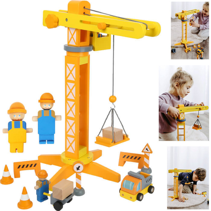 Drewniany zestaw z dźwigiem Jurkiem 12007-Small Foot, zabawki drewniane