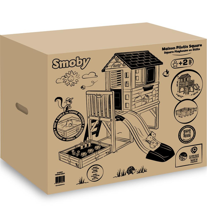 Domek na palach z piaskownicą i zjeżdżalnią Smoby 810801 przestrzeń do aktywnej zabawy na świeżym powietrzu