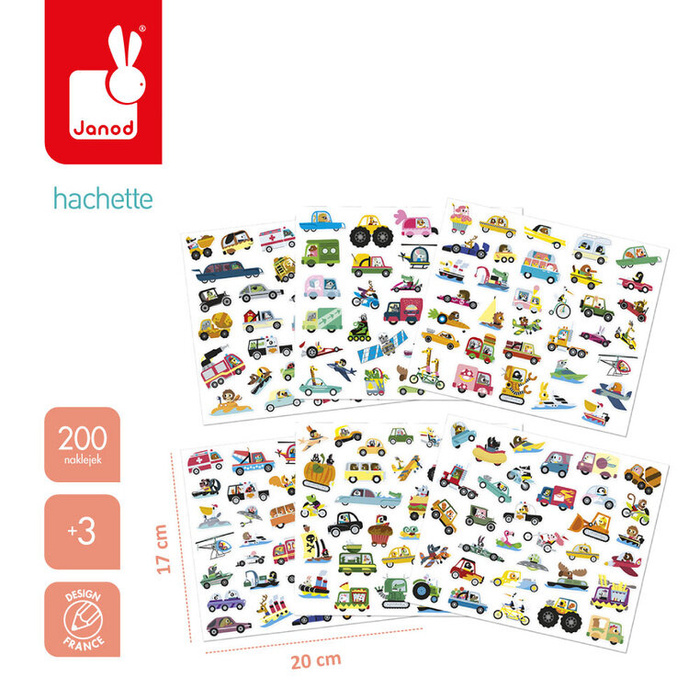 Naklejki wielorazowe na arkuszach 200 szt. Pojazdy Janod J09196