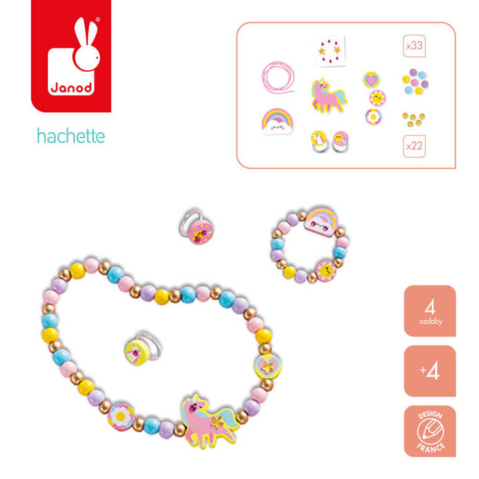 Zestaw kreatywny do tworzenia biżuterii z drewna bransoletka naszyjnik 2 pierścionki Tęczowa kraina J09129 Janod