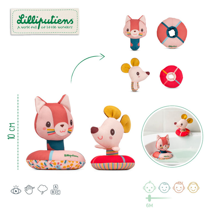 Przytulanki do kąpieli Lilliputiens 83652 Kotka Jeanne i Myszka Nina z kołami do pływania