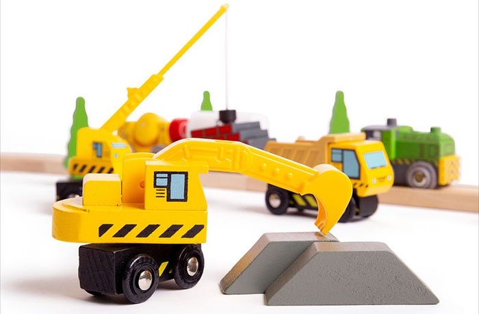 Zestaw drewnianych samochodów budowlanych do kolejki dla dzieci BJT065 Bigjigs Rail