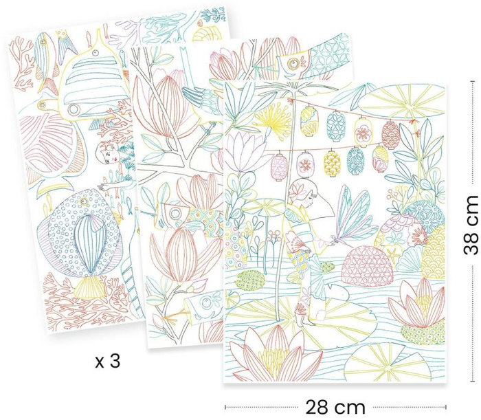 Obrazy do kolorowania w teczce Japonia Djeco DJ08694 komplet 3 dużych obrazów