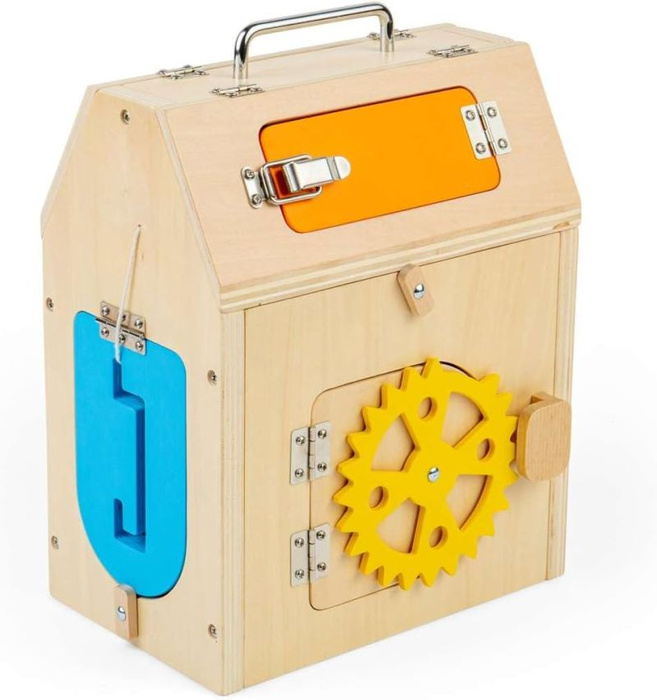 Domek manipulacyjny z zamkami i kółkami zębatymi Bigjigs 37004 Drewniane zabawki dla dzieci