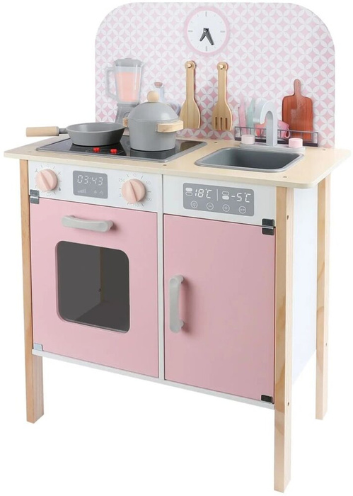 Drewniana kuchnia dla dzieci z naczyniami i zegarem różowy kolor światło dźwięk