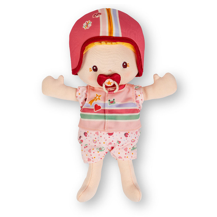 Lalka Dzidziuś Lena w foteliku rowerowym Lilliputiens 83633 z kamizelką i kaskiem na wycieczki i do przytulania