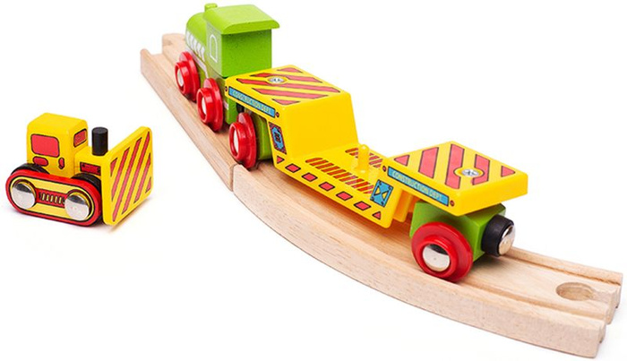 Drewniany wagon do kolejki dla dzieci z buldożerem Bigjigs Rail BJT415