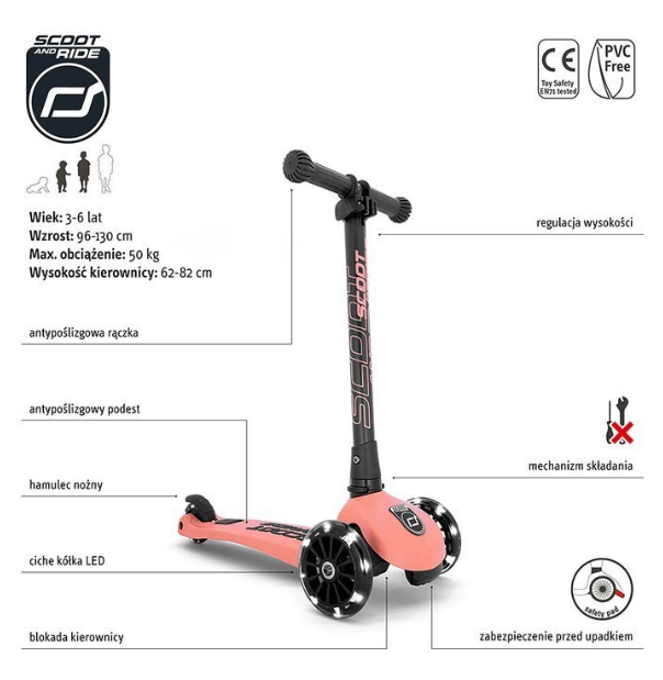 Zestaw SCOOTANDRIDE Kask + Highwaykick 3 LED hulajnoga składana ze świecącymi kółkami 3+ Peach