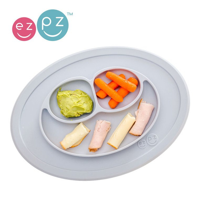 EZPZ Silikonowy talerzyk z podkładką mały 2w1 Mini Mat pastelowa szarość EUMMP003- EZPZ, naczynia dla dzieci