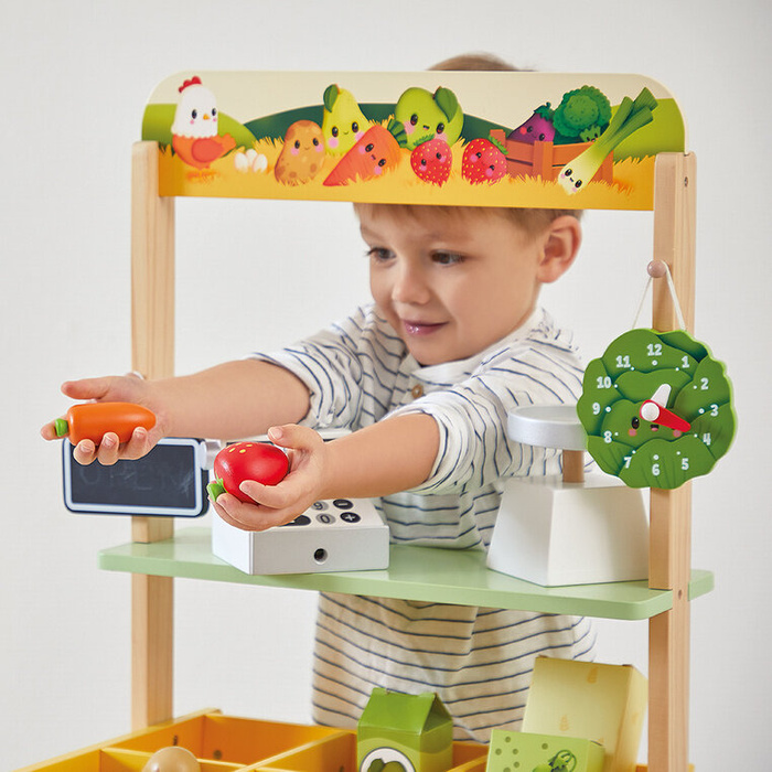 Duży sklep warzywniak z drewna i komplet akcesoriów 50 el. Farma J03322 Janod