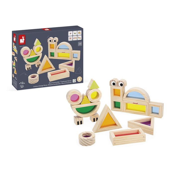 Klocki drewniane przeźroczyste kolorowe sensoryczne Janod J05306