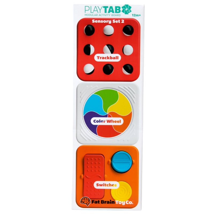 Sensoryczne Kwadraty PlayTab Zestaw 2 z biało-czarnymi kuleczkami tęczowym kółeczkiem i włącznikami Fat Brain Toy FA488-4