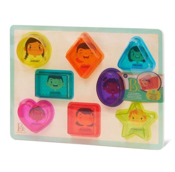 Drewniana układanka kształty i emocje kolorowy filtr Peek & Explore – Shapes & Emotions B.Toys BX2216Z