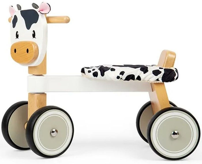 Drewniany rowerek jeździk dla dzieci 4-kołowy Łaciata Krówka Bigjigs 36057