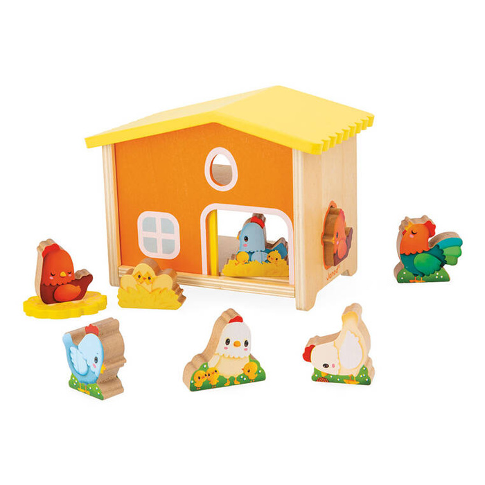 Drewniany domek z sorterem Farma Mój pierwszy kurnik J03311 Janod