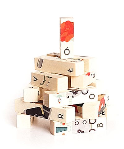 Kość, łyżka, ołówek - literki na klockach drewnianych, układanka, 99410-Bajo, zabawki edukacyjne