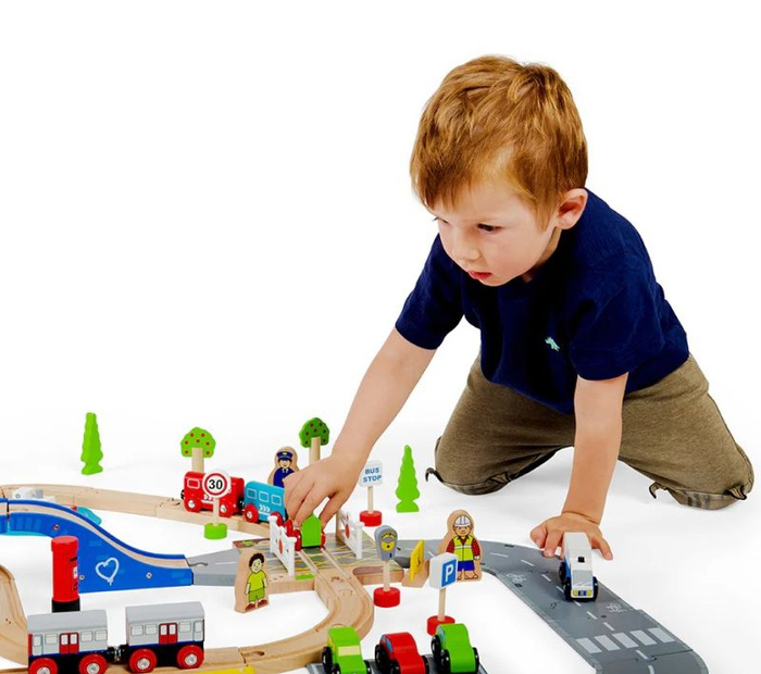 Kolejka drewniana i droga miejska 105 elementów Bigjigs Rail BJT032