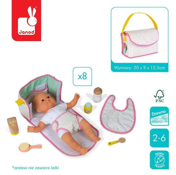 Zestaw torba do przewijania z 8 akcesoriami J06501-Janod, akcesoria dla lalek