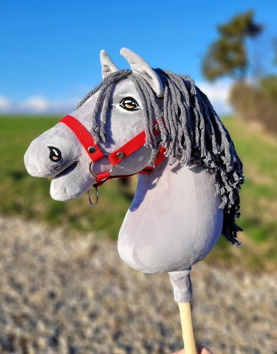 Super Hobby Horse Koń na kiju Siwek z długą miękką grzywą ręcznie wykonany siwy konik Premium