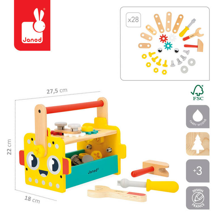 Skrzynka z narzędziami dla małego majsterkowicza Robot Brico Kids Janod J06455 drewniane zabawki dla dzieci