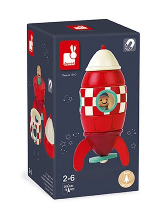 Drewniana, mała, magnetyczna rakieta, "Czerwona strzała", JND05207-Janod, zabawki dla chłopców