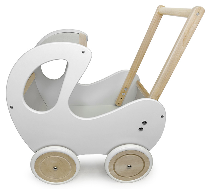 Biało-brązowy, głęboki wózek z drewna dla lalki - zabawki dla dziewczynek