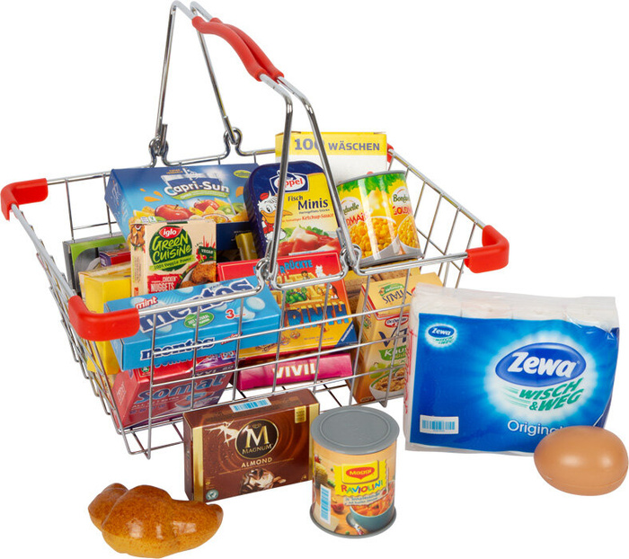 Koszyk sklepowy z artykułami znanych marek 9559-Small Foot, zabawa w sklep