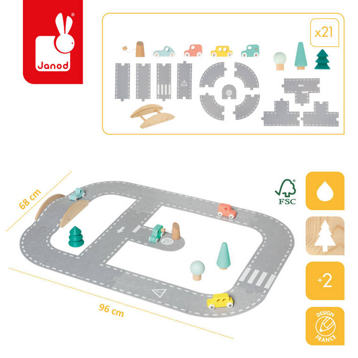 Filcowy tor dla samochodów z akcesoriami Janod J04631