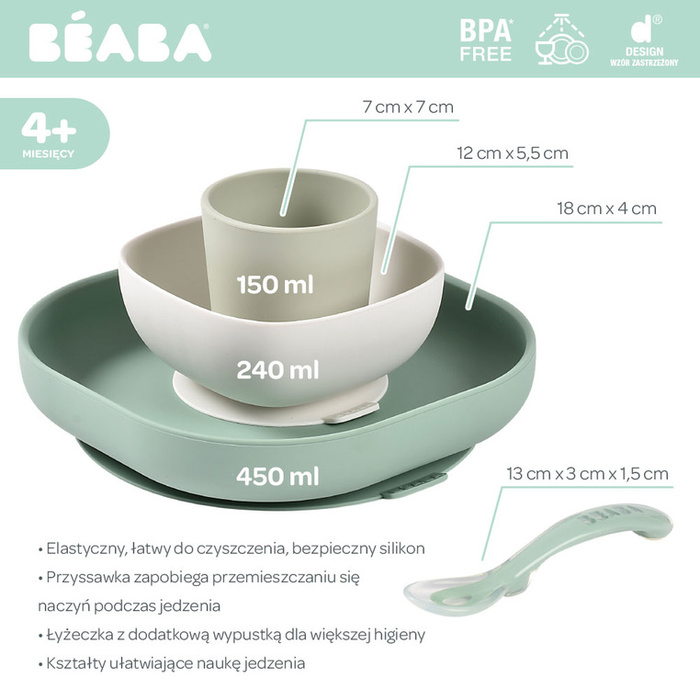 Silikonowe naczynia dla dzieci Zestaw z przyssawką Sage Green Beaba 913592