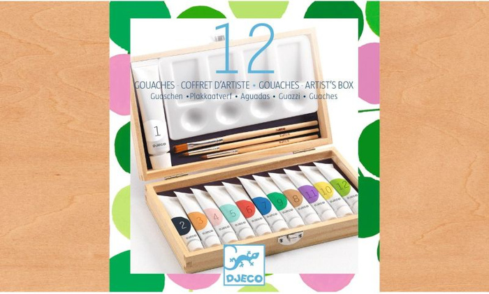 Drewniana walizka artysty zestaw 12 farb gwaszowych Djeco DJ08908