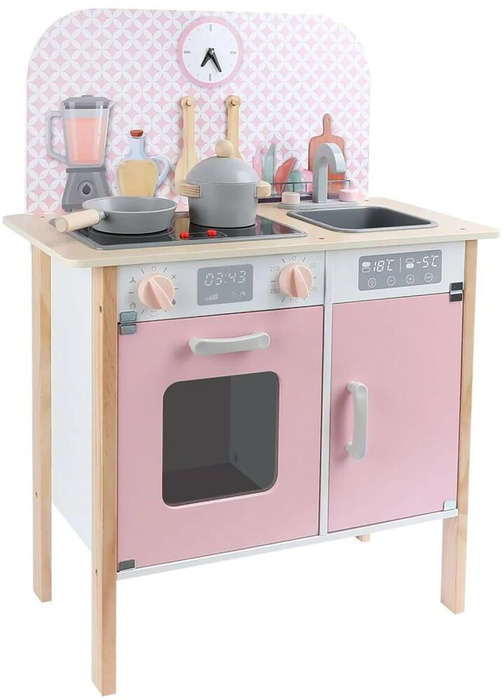 Drewniana kuchnia dla dzieci z naczyniami i zegarem różowy kolor światło dźwięk