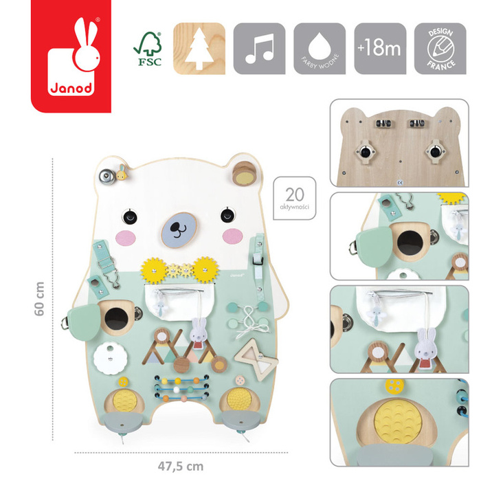 Duża drewniana tablica manipulacyjna 20 aktywności Miś Pure Janod J05162