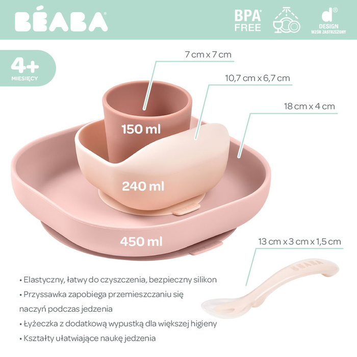 Beaba Komplet naczyń z silikonu pink 913429- Beaba, naczynia dla niemowląt