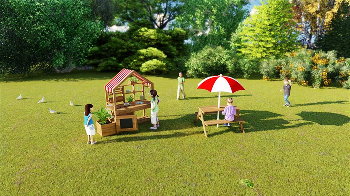 Drewniana Kuchnia Outdoor z daszkiem i akcesoriami CLASSIC WORLD EDU CW54587 Mały kucharz do kreatywnej zabawy