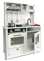 Drewniana kuchnia dla dzieci Biała nowoczesność z dźwiękiem oraz światłem i akcesoriami, zabawa w gotowanie