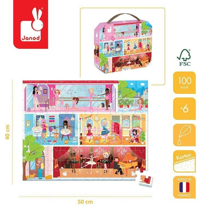 Puzzle w walizce Akademia tańca 100 elementów 6+ Made in France Janod J02616