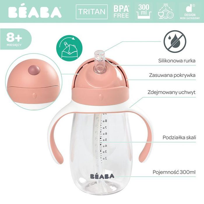 Kubek niekapek Butelka tritanowa ze słomką 300 ml old pink Beaba 913480
