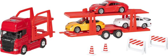 Ciężarówka z lawetą i 3 metalowymi samochodzikami Super Truck auto transporter Scania V8 Goki 12327 autka dla dzieci