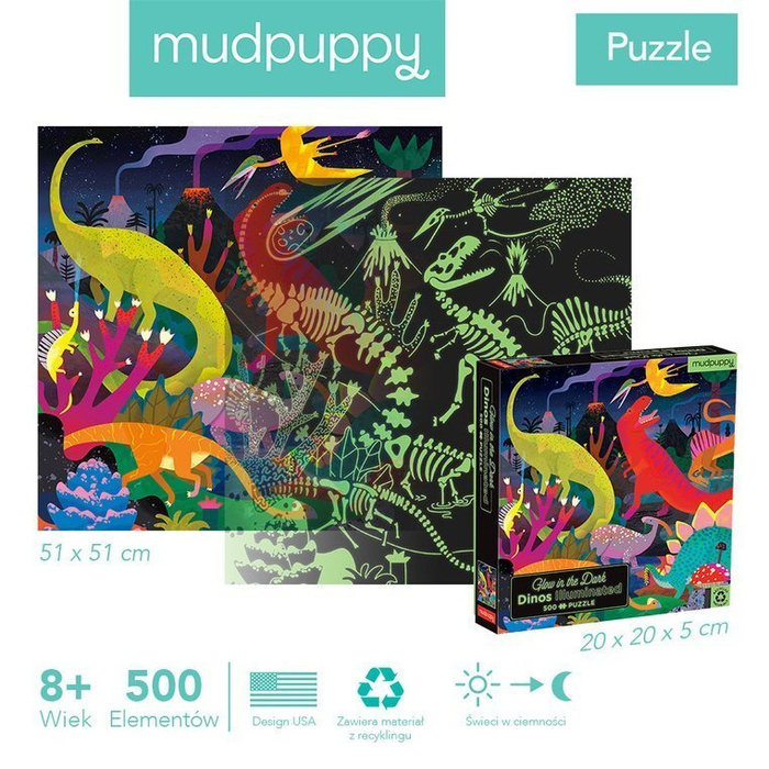 Dinozaury - świecące w ciemności puzzle 500 el dla całej rodziny MP66657-Mudpuppy, puzzle tekturowe